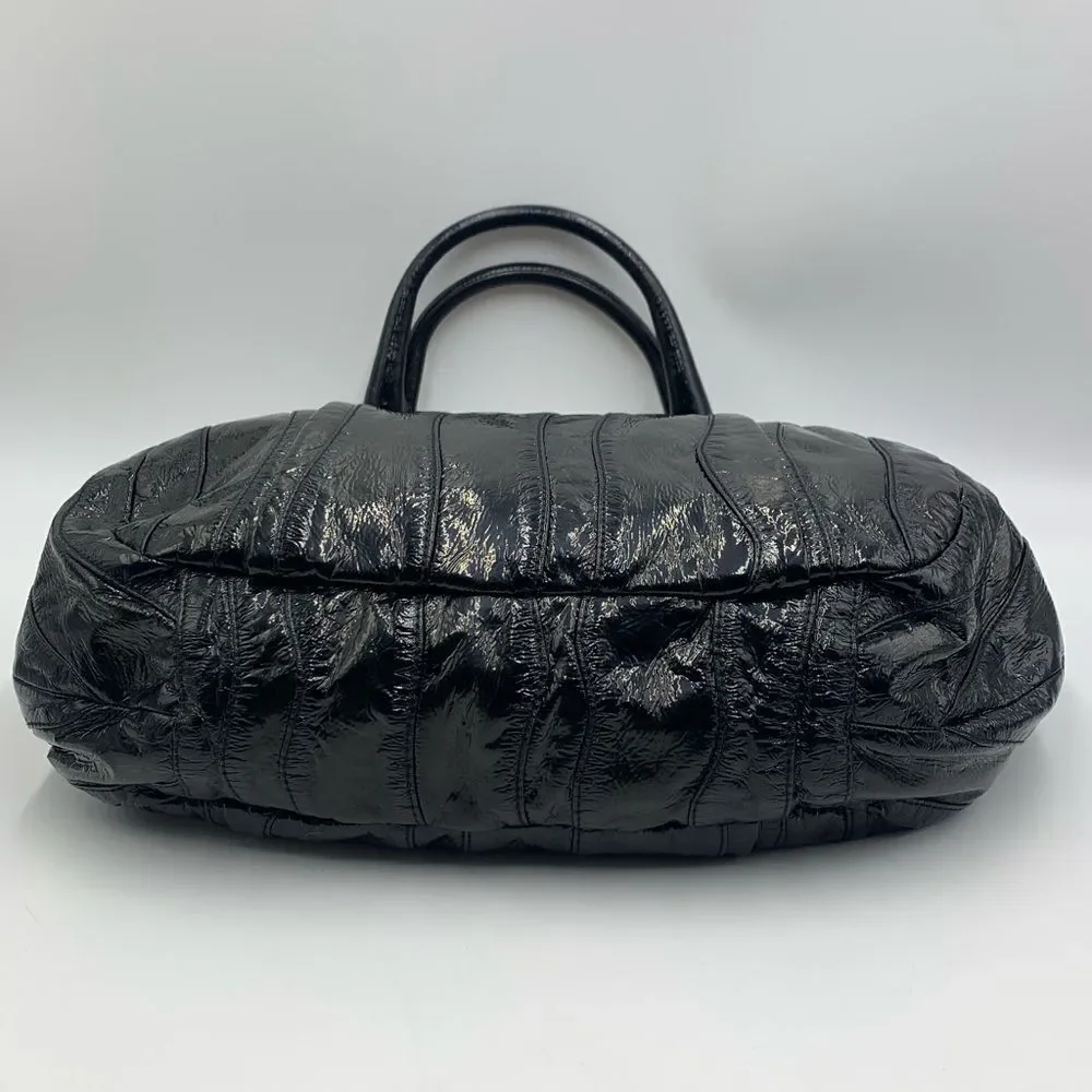 Auth Prada Black Patent Leather Whipstitch Tonal Stripe Satchel Lightweight